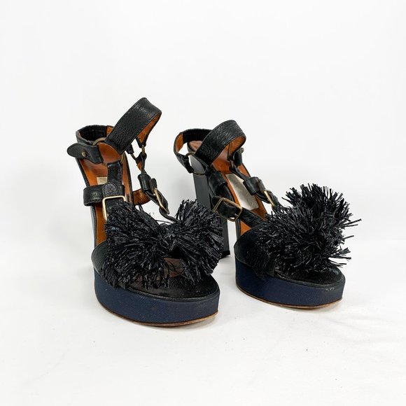 LANVIN Black Lametta Peep Toe Buckle Sandal Pumps - Picture 3 of 11